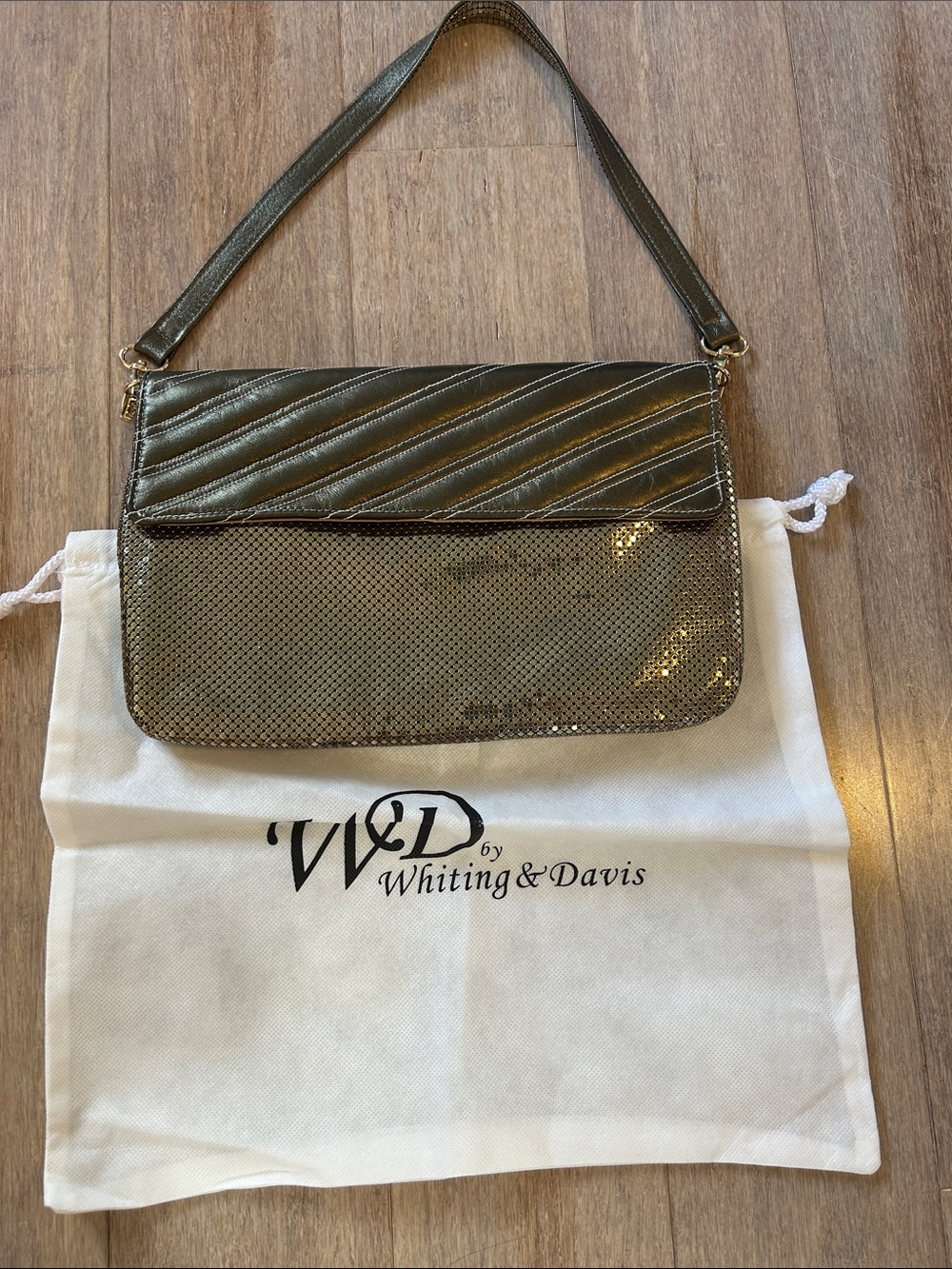 VTG Whiting & Davis Metallic Olive Green Mesh Shoulder Bag flap bag 70s 80s Y2K